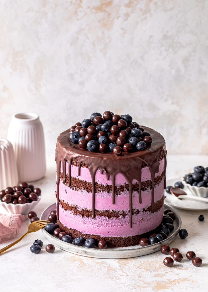 Blaubeer Schoko Layer Cake mit Schokolade, Heidelbeeren und Schoko Drip backen Emmas Lieblingsstücke