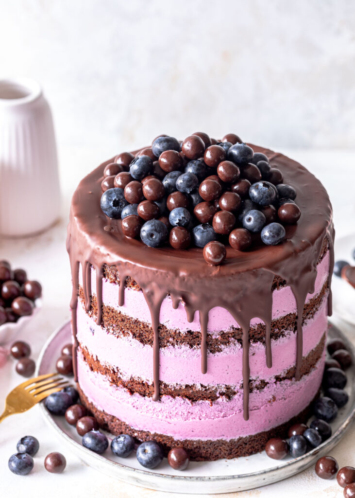 Blaubeer Schoko Layer Cake mit Schokolade, Heidelbeeren und Schoko Drip backen Emmas Lieblingsstücke