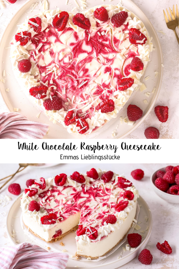 White Chocolate Raspberry Cheesecake ohne Backen. Ein köstliches Rezept mit weißer Schokolade, Himbeeren, Frischkäse und Mascarpone. Emmas Lieblingsstücke 